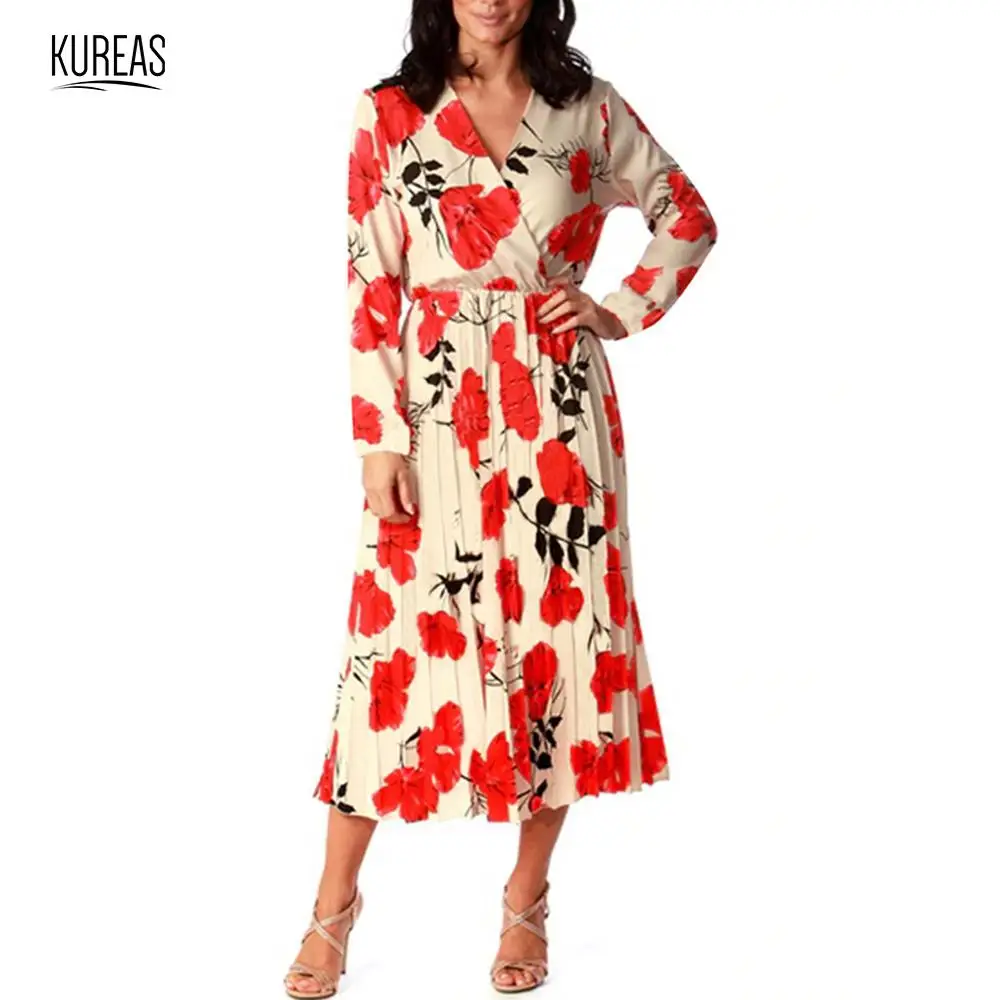 

Kureas Women Dress Autumn Floral Midi Dress Cross Breasted Elastic Waistband Slim Fit Long Sleeve Casual