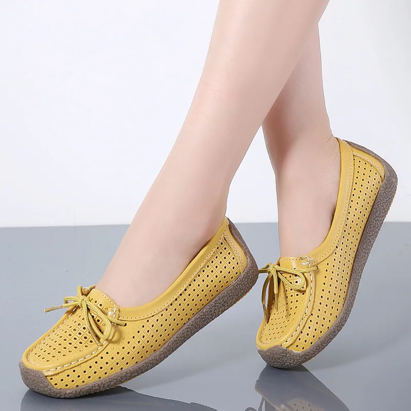 

2019 Summer Women Flat Shoes Woman Genuine Leather Shoes Ladies Cutout Loafers Lace Up Ballet Flats Oxford Boat Shoes