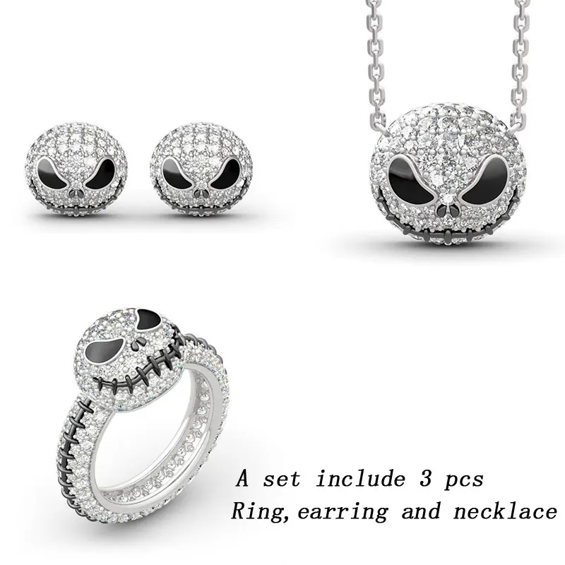 

Vintage Skull Jewelry Set Silver Death Skull Halloween Ring Earrings NecklacFor Women Girl Engagement Shiny Silver Color Jewelry