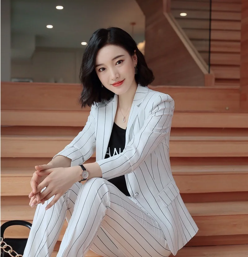 Fashion Striped Formal Women Business Work Wear Blazers Jackets Coat Long Sleeve Autumn Winter Ladies Blaser Outwear Tops