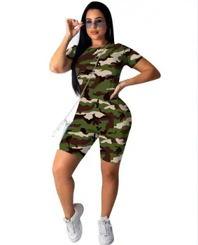 

Women 2 Pieces Sport Suit Set Camouflage Print Round Neck Short Sleeve T-Shirt+Pants Fitness Workout Active Wear Ribbed Rompers