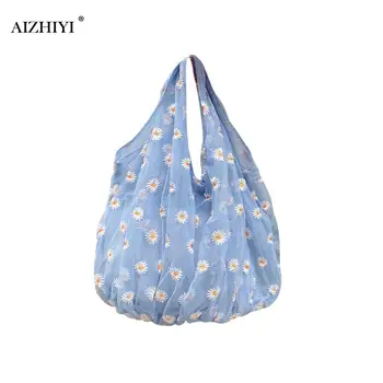 

2020 Summer Women Small Transparent Tote Mesh Cloth Bag Daisy Embroidery Handbag High Quality Eco Fruit Bag Purse For Girls