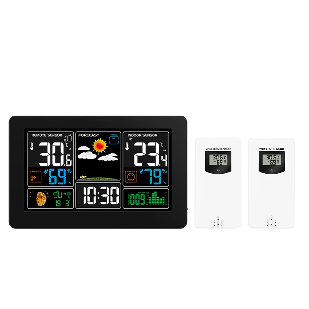 

2 Outdoor sensor PT3388 Wireless Weather Station Temperature Humidity Barometer Colorful LCD Weather Forecast Snooze alarm clock