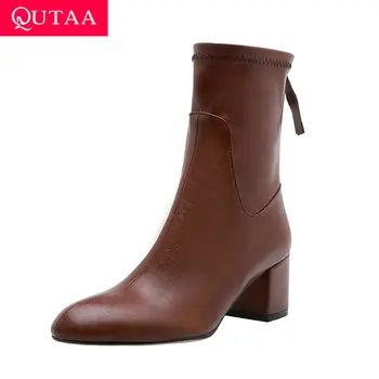 

QUTAA 2020 Women Shoes PU Leather Elegant Round Toe Square High Heel Zipper Autumn Winter Casual Ankle Boots Big Size 34-43