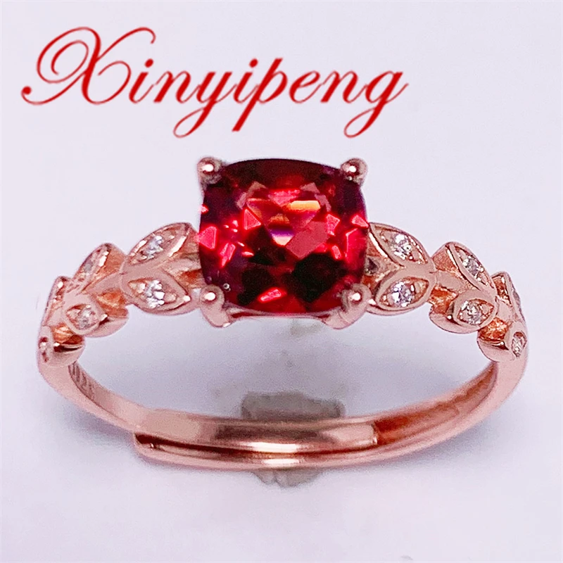 

Xin Yipeng Fine Gem Jewelry Real S925 Sterling Silver Plated Rose Gold Inlaid Natural Garnet Ring Engagement Party for Women