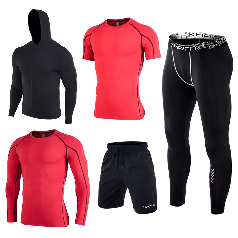 901 red black 5 шт. эластичный сухой подходят для тренировки бега спортивный набор Мужская спортивная одежда беговой костюм спортивные колготки тренировочная одежда спортивный костюм - Цвет: 901 red black