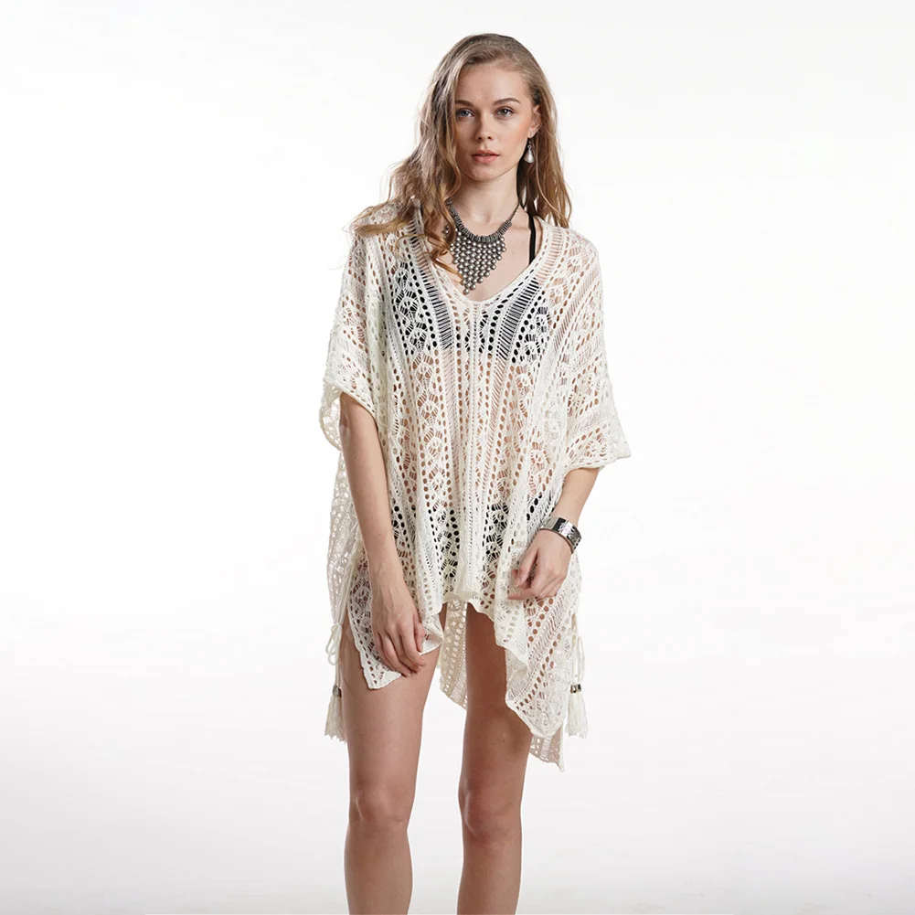 

Women V Neck Long Cover Up Lace Knitted Top Crocheted Loose Fashion Beach Blouse Summer Swimwear Out Sexy