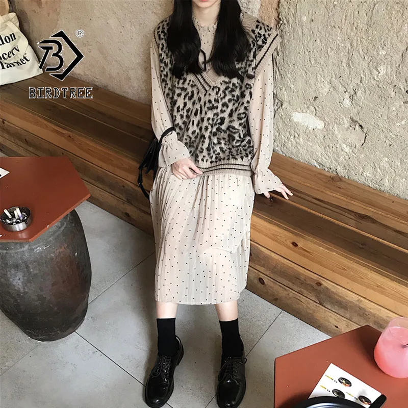 

2019 Autumn New Women's Suit Leopard Knitting Vest Polka Dot Pleated Stand Collar Dress Wild Fashion Casual Elegant Tops S98514D