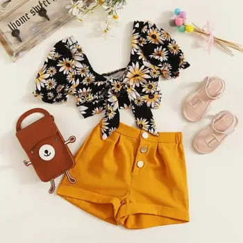 

Toddler Kids Baby Girl Daisy Sunflower Short Sleeve Tops Crop Shorts Pants Set Outfits Clothes Summer