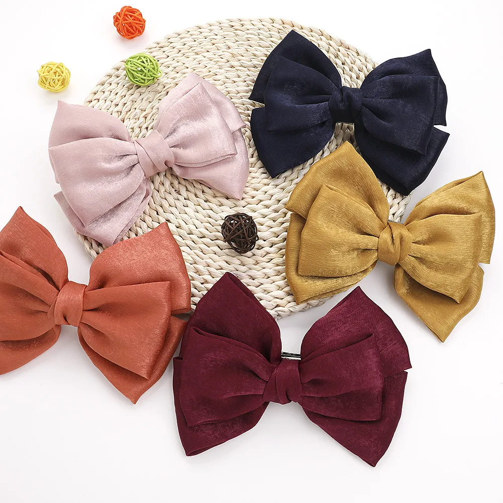 

Free Shipping Solid Color Hairpin Large Velvet Satin Bow Barrettes Fashion High Quality Three-layer Woman Girls Hair Accessories
