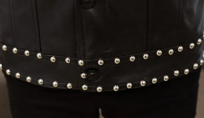 Мотоциклетная куртка из искусственной кожи для мужчин с индивидуальными заклепками, винтажное приталенное пальто, Мужская однобортная модная черная верхняя одежда в стиле панк
