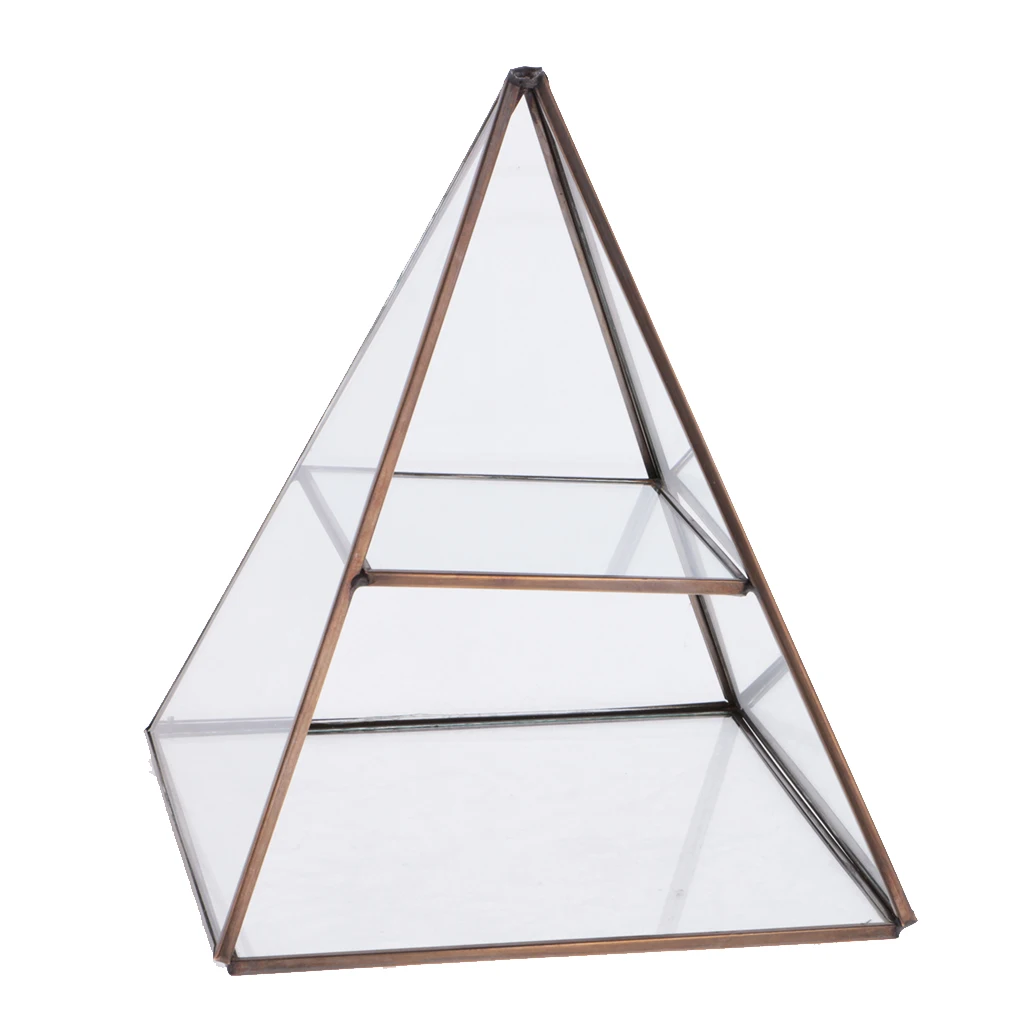 2 Tiers Vintage Style Brass Clear Glass Pyramid Mirrored Shadow Box Jewelry Display Case