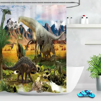 

Mountain Dinosaur River Landscape Shower Curtain Set Waterproof Fabric