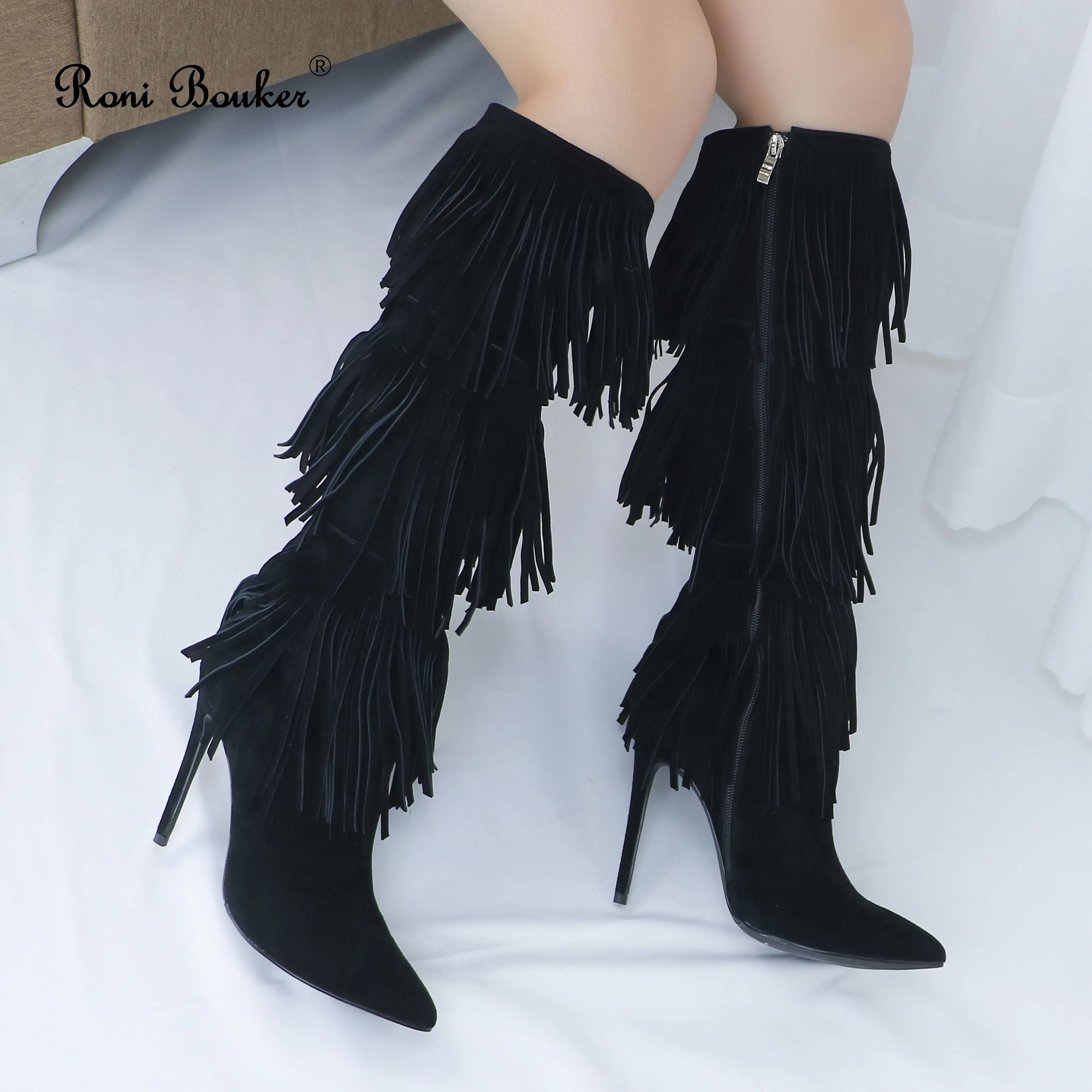 Roni Bouker Fringe Knee High Boots Women Fashion Fringe Shoes Woman Pointed Toe Black Genuine