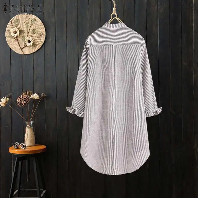 Женские топы Blusas ZANZEA Женская Повседневная хлопковая льняная рубашка женская модная Полосатая туника блузка со стоячим воротником Chemiser Mujer