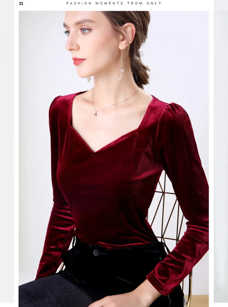 Осенняя женская блузка рубашка бархатная ретро с v-образным вырезом новые тонкие женские футболки с длинными рукавами Джемпер красный