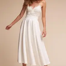 Tea length satin lace off shoulder beach bridal wedding dress