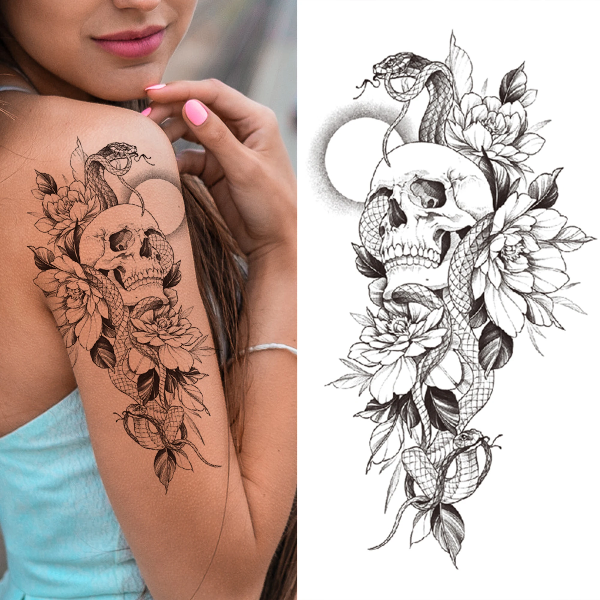 Skull Dahlia Temporary Tattoos For Women Men Mamba Snake Flower Turtle Fake Tatoos Washable Half Sleeve Arm Tattoo Sticker Temporary Tattoos Aliexpress