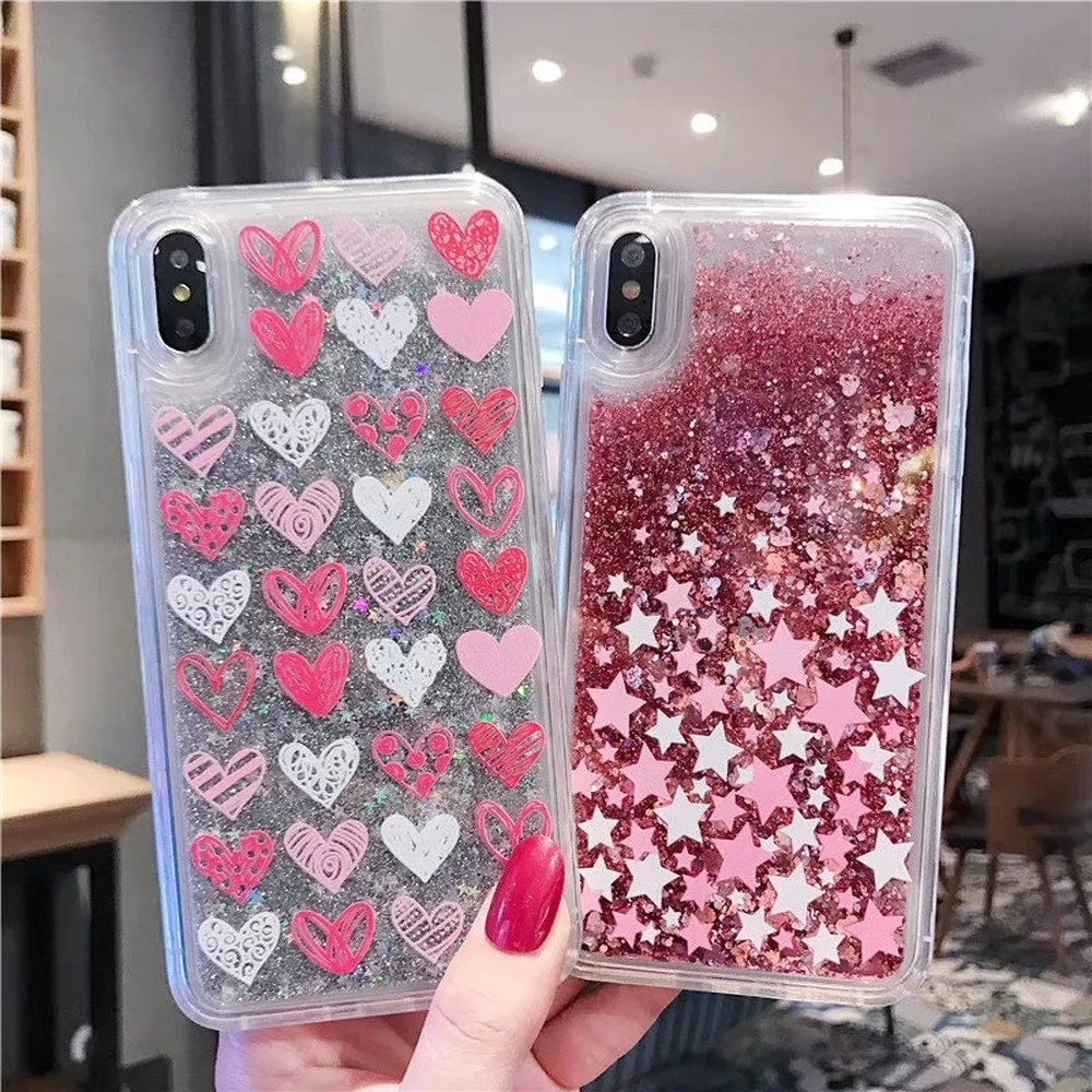 

Cute Love Heart Quicksand Phone Case for IPhone 11 Pro Coque 7 8 6 6S X XS Max XR Cartoon Mickey Glitter Transparent Back Cover
