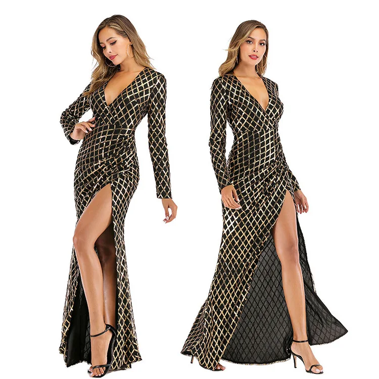 Блестящее коктейльное платье с геометрическим узором, сексуальные вечерние платья с глубоким v-образным вырезом, длинный рукав, вечернее платье с блестками