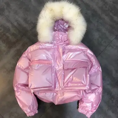 Silver pink Женская парка с воротником из натурального Лисьего меха с капюшоном, зимний глянцевый пуховик, женская короткая куртка с хлопковой подкладкой, свободные женские пальто - Цвет: Silver pink
