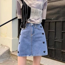 

High Waist Denim Skirt 2021 Women Harajuku Preppy Style Love Embroidery Y2k Mini Skirts Korean Fashion Cute Sweet Kawaii Skirts