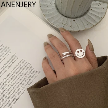 

ANENJERY Delicate Round Disc Smiling Face Open Ring 925 Sterling Silver Simple Geometric Finger Ring For Women S-R666