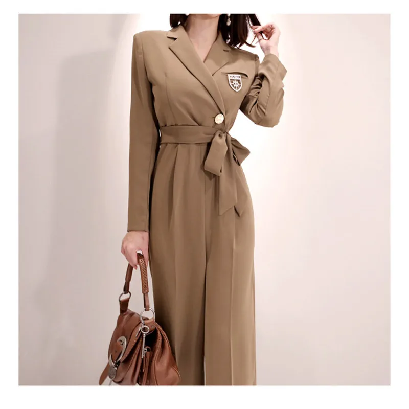 2020 autumn and winter new temperament slim-fit tie suit stand-up collar wide-leg pants professional fashion jumpsuit
