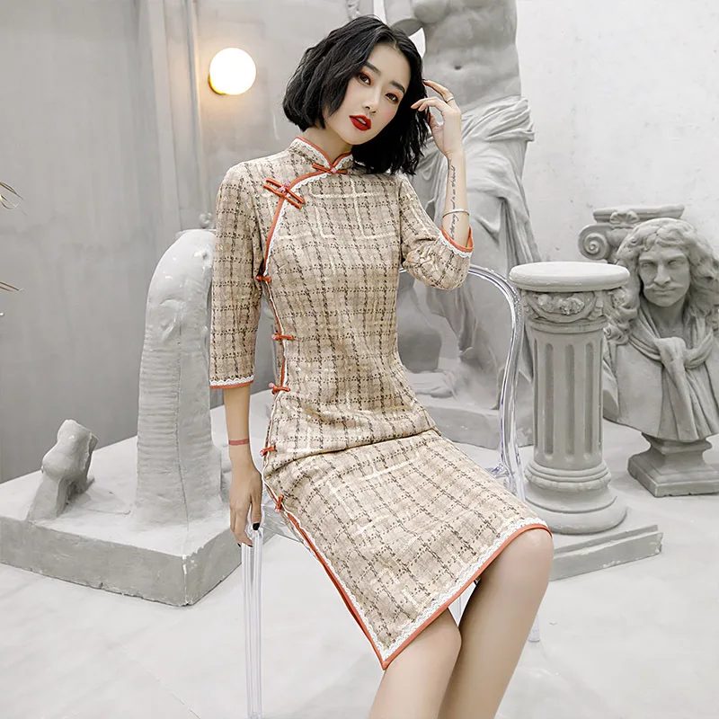 Camel плед Cheongsam женский воротник Мандарин три четверти рукав китайский Ципао велюр сексуальное вечернее платье большой размер