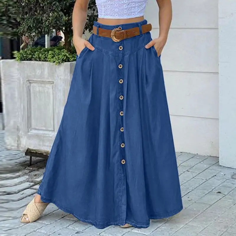 Maxi Skirts ZANZEA Long Plus-Size Womens High-Waist Button Sundress Female Solid Casual