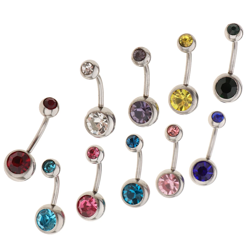 10Pcs - VALUE PACK - Navel Ring Barbell Crystal Rhinestone Belly Button Ring Bar Piercing 18g Gauge