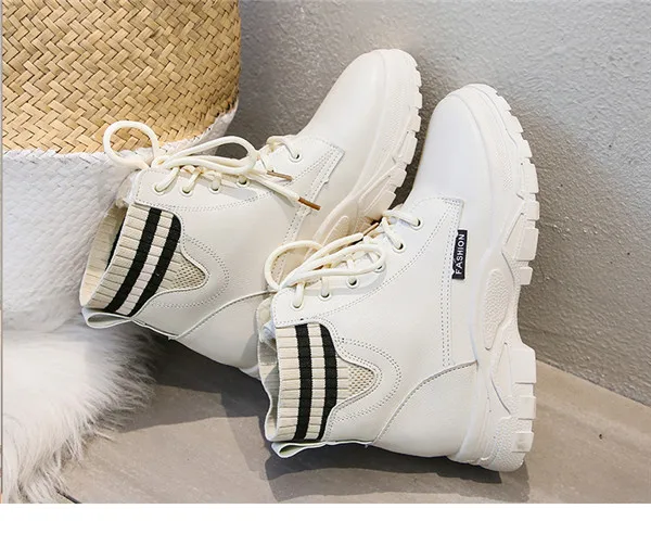 Rock Shoes Woman Low Heels booties White Mid-Calf Boots Round Toe Boots-women Booties Ladies Lace Up Luxury Designer Martins Sho - Цвет: 2