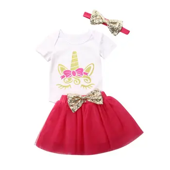 

New Arrival Newborn Baby Girl Romper Tops+Tutu Skirts Dress Headband Outfit 3Pcs Set Clothes