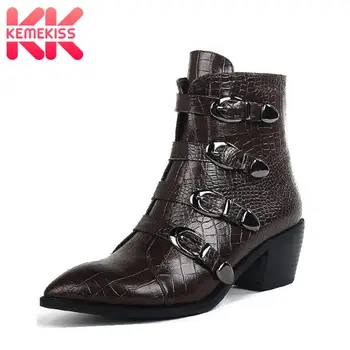 

KemeKiss 2020 New Snakeskin Pvc Ankle Boots Pointed Toe Slip On Low Heels Shoes Fashion Autumn Winter Women Footwear Size 34-42