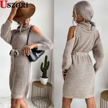 

Autumn And Winter 2022 New Women's Solid Color Sexy Sweater Dress Lace Knit Hollow Out Off Shoulder High Collar Wool Dress