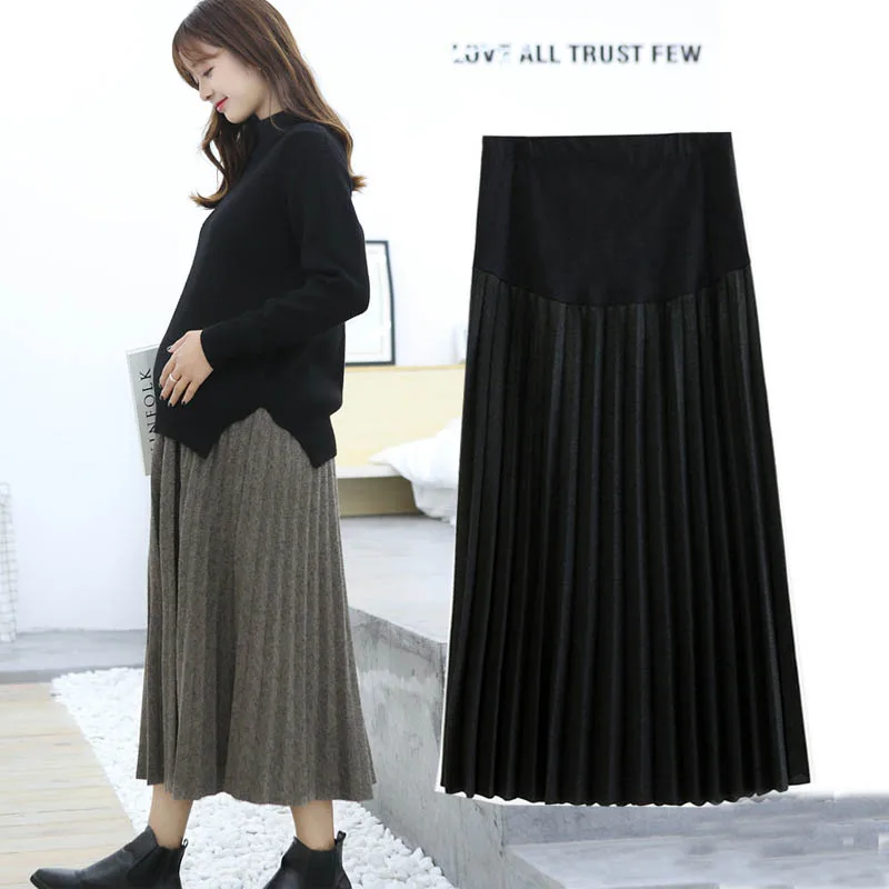 Autumn winter Maternity Fashion Dresses woolen pleated skirt Pregnant women Clothes High Waist Long Skirts