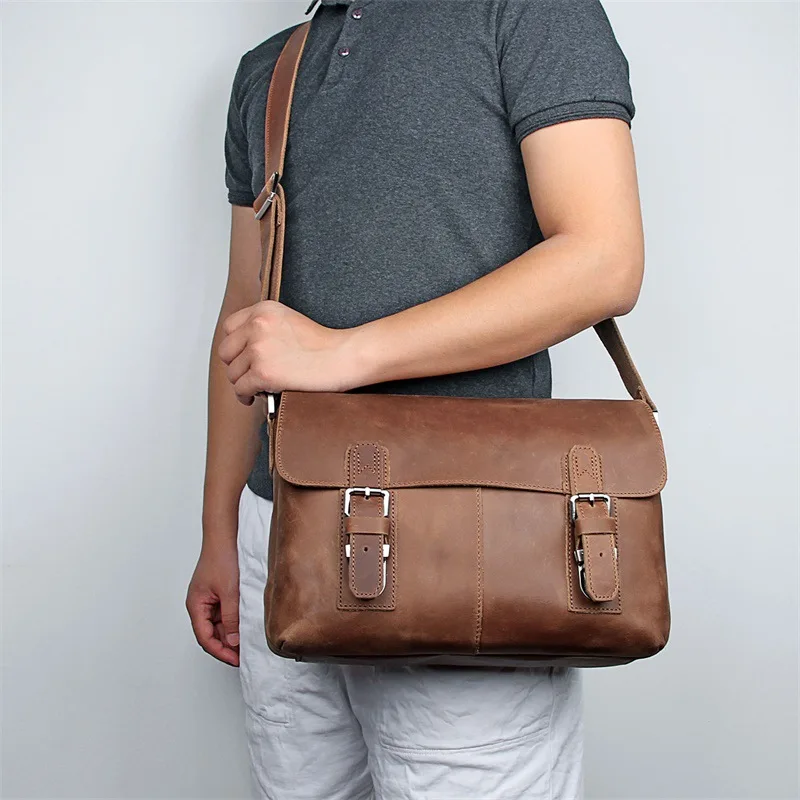 Nesitu High Quality Brown Vintage 100% Thick Genuine Crazy Horse Leather Cross Body Men Messenger Bags Male Shoulder Bag M6002 | Багаж и