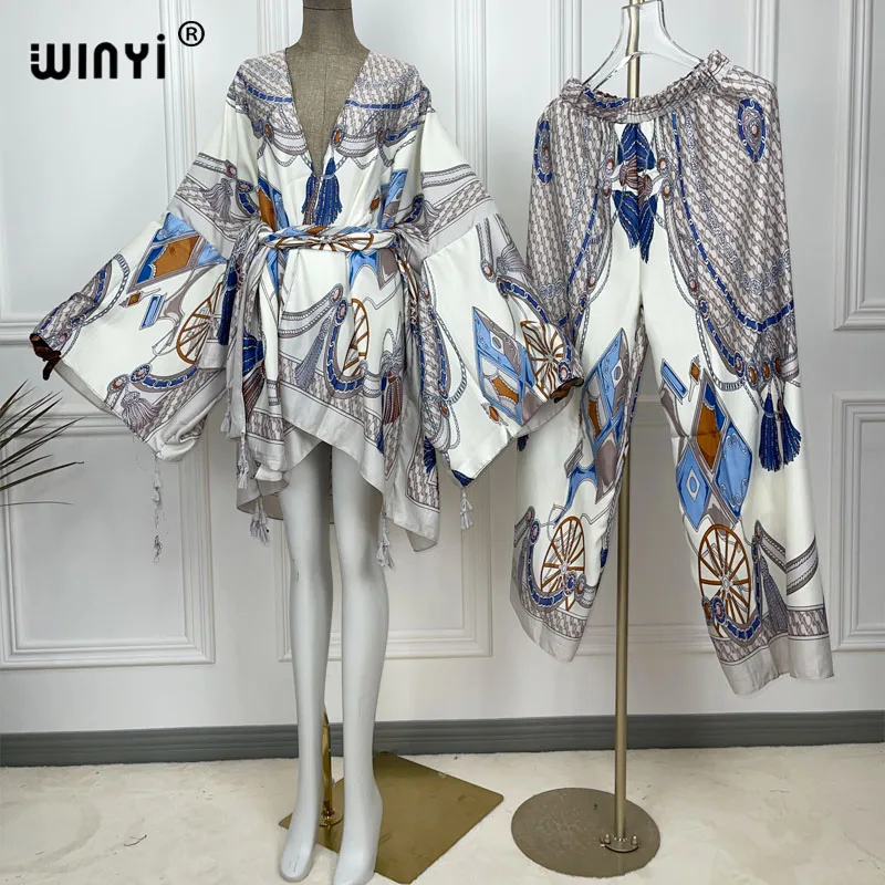 WINYI zwei-stück anzug kimono gerade bein hosen Böhmischen Gedruckt Über Größe Sterne Kleid Frauen Elastische Seide Bodenlangen neue Mode