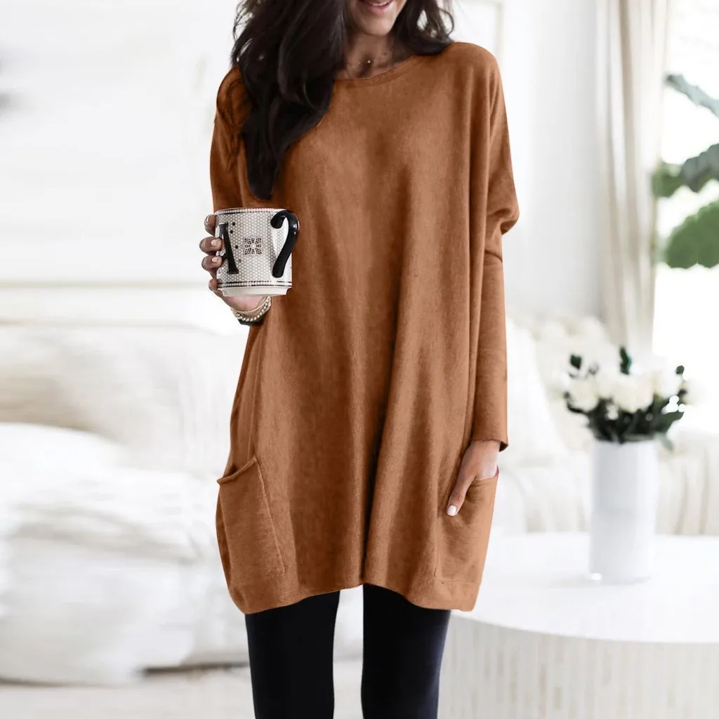 Women Solid Warm Long Sleeve Sweatshirt Loose Pocket Daily Pullover Tops Plus Size Femme Tops#30