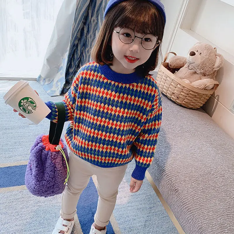 

New Boys and Girls Sweaters Contrasting Red and Blue Stripes Children's Sweater 3-7 Years Old Baby Kids Autumn Winter Clothes
