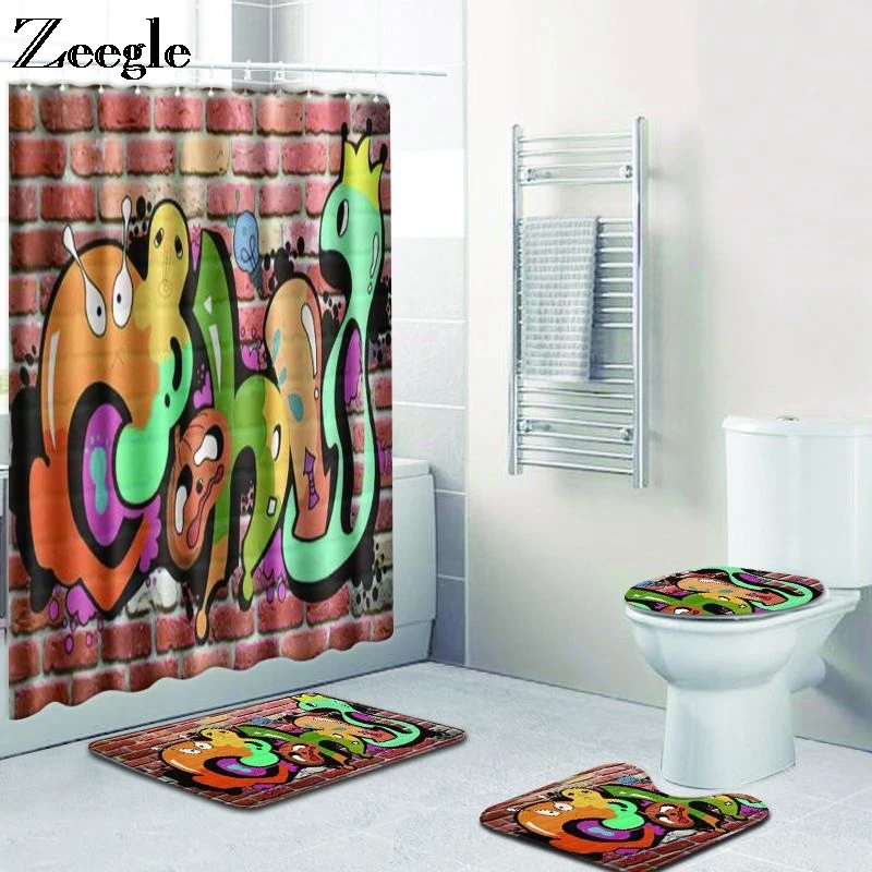 Zeegle Bath Mat  and Waterproof Shower Curtain Absorbent Bathroom Carpets Anti Slip Bathroom Doormat Washable 4pcs Toilet Set