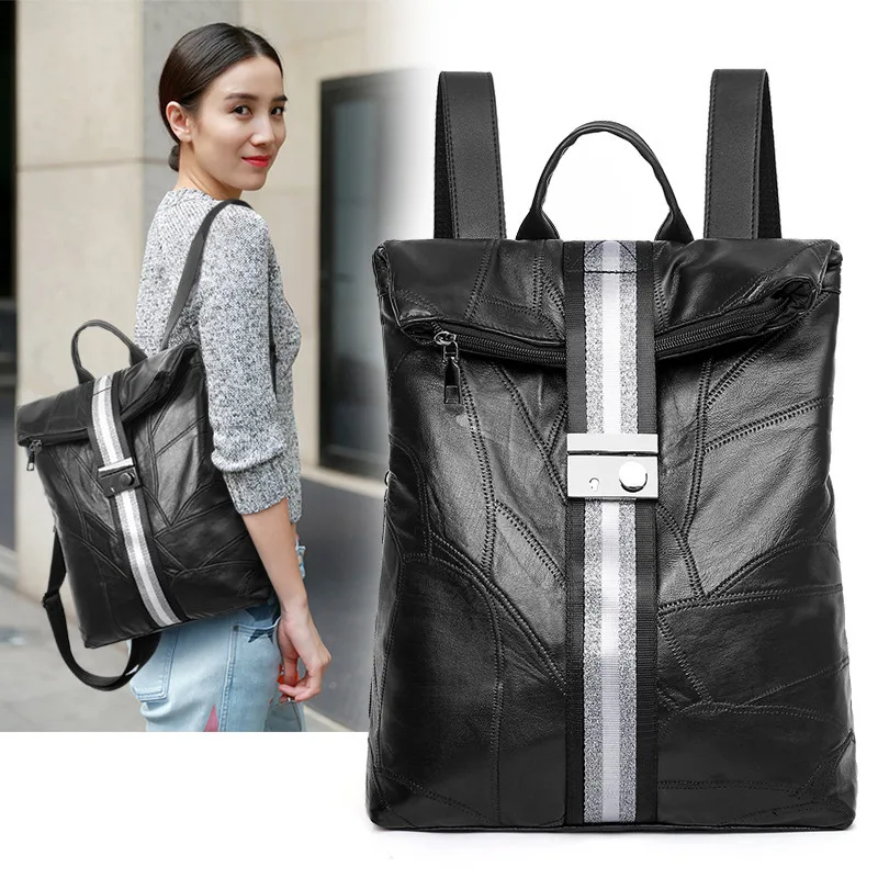 Весенние новые стильные женские кожаные сумки, корейский стиль, Противоугонный рюкзак из овечьей кожи, лента, большая емкость, мягкая кожа, мода