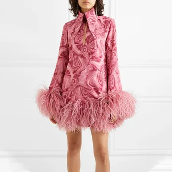 

New sweet wind Lapel long sleeve printing ostrich hair panel bottom puffy short dress female