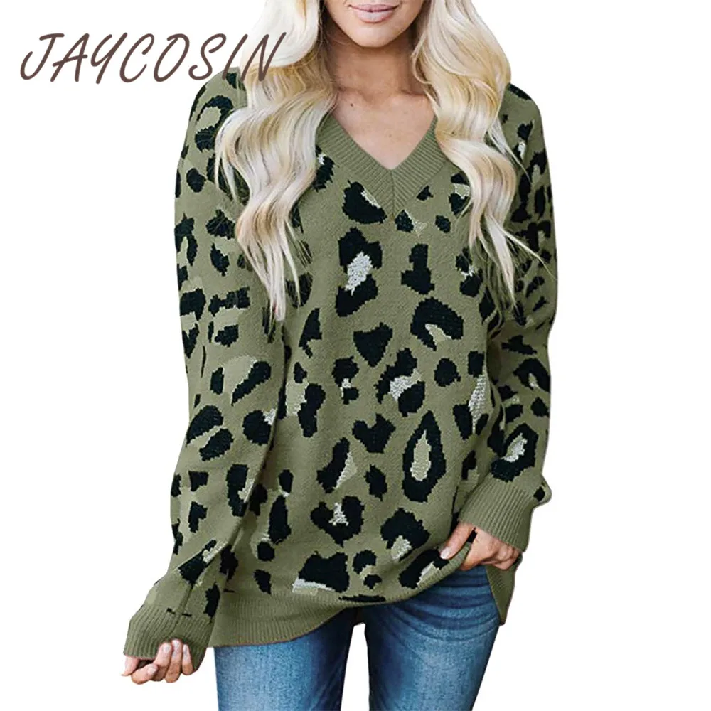

JAYCOSIN Clothes ladies sweaters knitted Leopard print long sleeve sweaters and pullovers V Neck sweaters women winter loose top