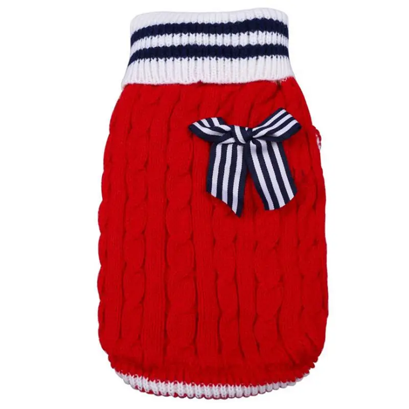 Bow-tie Pet Winter Dog Jumpper Sweaters Striped Navy Style Dogs Pullover For Small Dog Teddy Bomei Cat Clothing XXS XS S M L - Цвет: Red