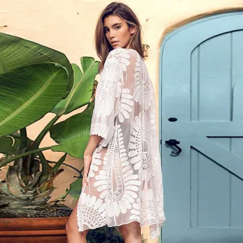 

Women Kimono Cardigan Lace Embroidered Casual Long Sleeve Sun Protection Blouse Long Cardigan Loose Summer Beach Tops