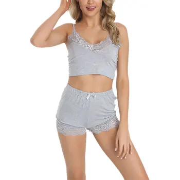 

Womens Sleepwear Shorts Set with Lace Sleepwear Lingerie Spaghetti Strap Soft High Elastic 2 Piece Short Sets V-neck Nightwear
