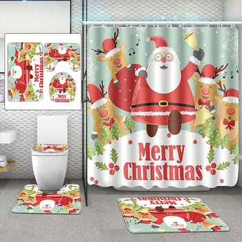 

Christmas Decor Santa Elk Bathroom Set 180x180cm Shower Curtain 3pcs Non-silp Carpets Bath Rugs Floor Mats Toilet Seat Cover