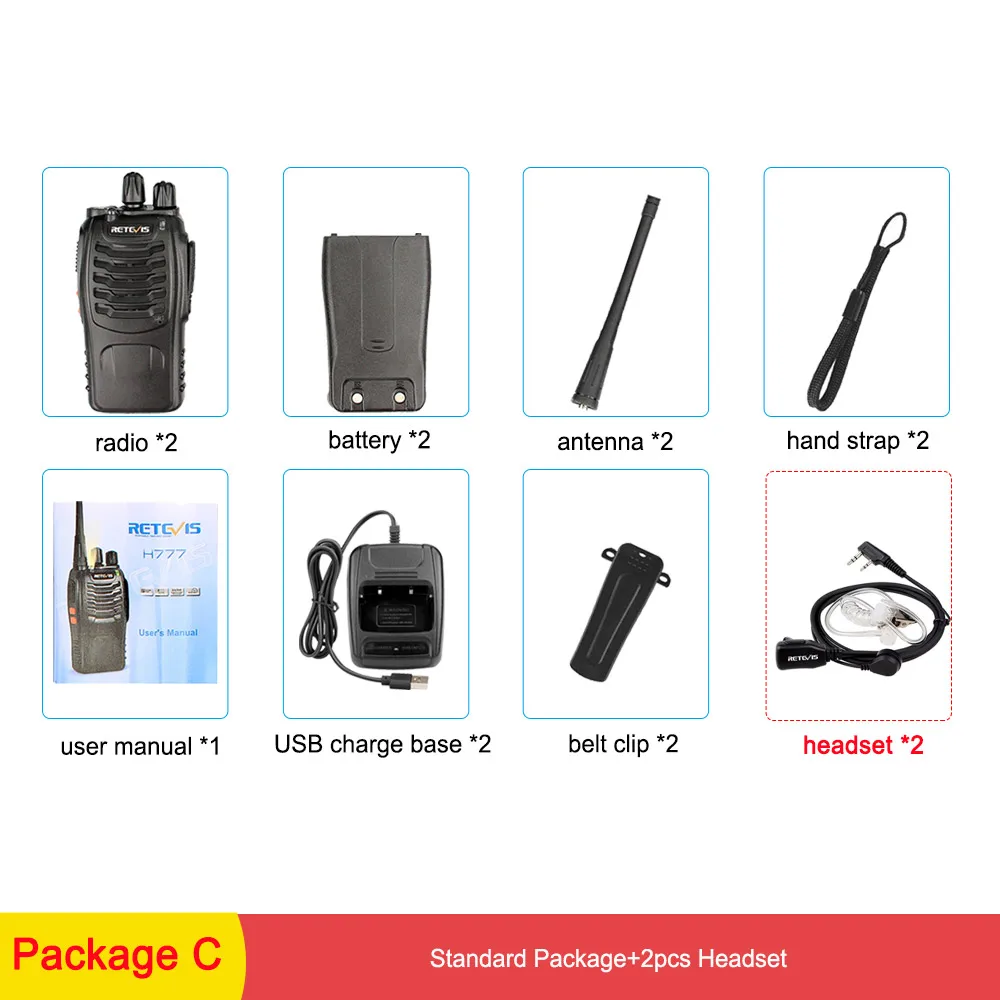 Package C 2 шт. RETEVIS H777 Walkie Talkie 3 Вт УВЧ двухсторонняя радиостанция приемопередатчик двухстороннее радио-коммуникатор зарядка через usb рация - Цвет: Package C