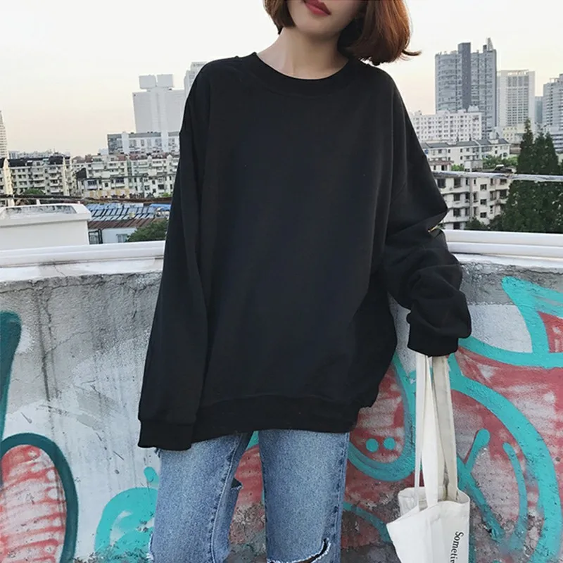 Толстовки женские с круглым вырезом однотонные свободные Harajuku мягкие женские в Корейском стиле, модная одежда для студентов, простое тонкое худи, повседневная женская одежда BF - Цвет: black